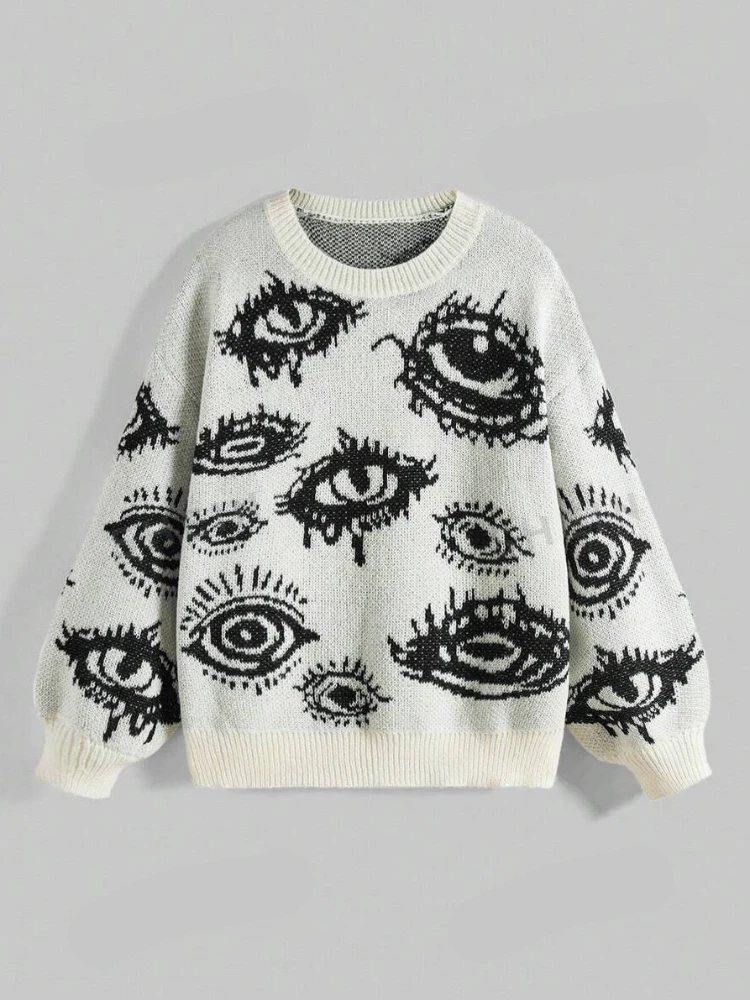 TRAF men's and women's loose knit shirts, eye shaped y2k new pullovers, winter knitted warm clothing, women's retro tops