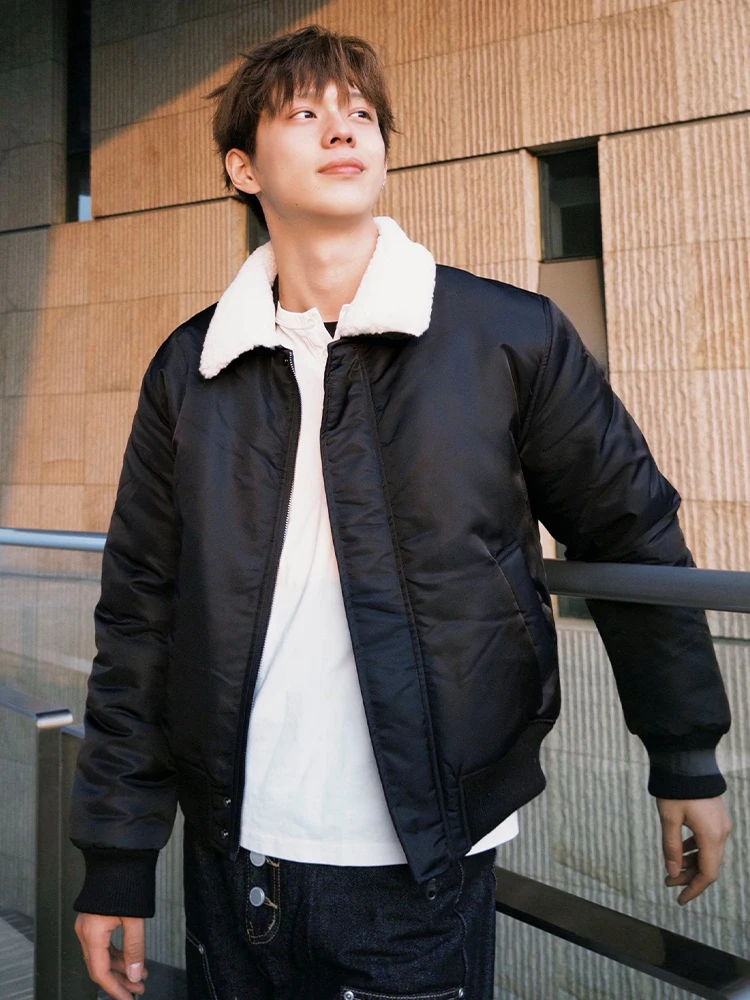 

Lamb Fur Collar Jaet Baseball Cotton Men's Winter Sli Thiened Warm Bla Outerwear Stand Fit Long Sve Pure Color