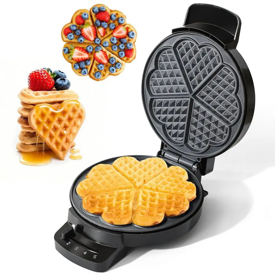

Waffle Maker, Heart Shaped Waffle Iron 5 Slices, Mini Waffle Makers with 8 Nonstick Plates, Adjustable 5 Browning Control, Cool