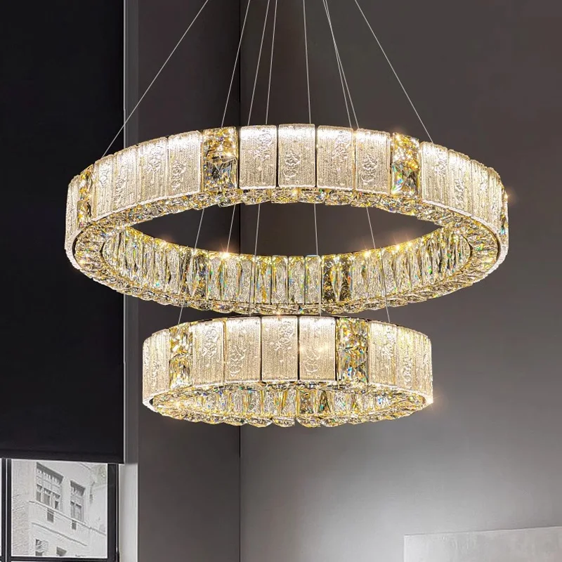 Living room light luxury crystal chandelier, modern simple circular ring, high-end and atmospheric new lighting fixtures