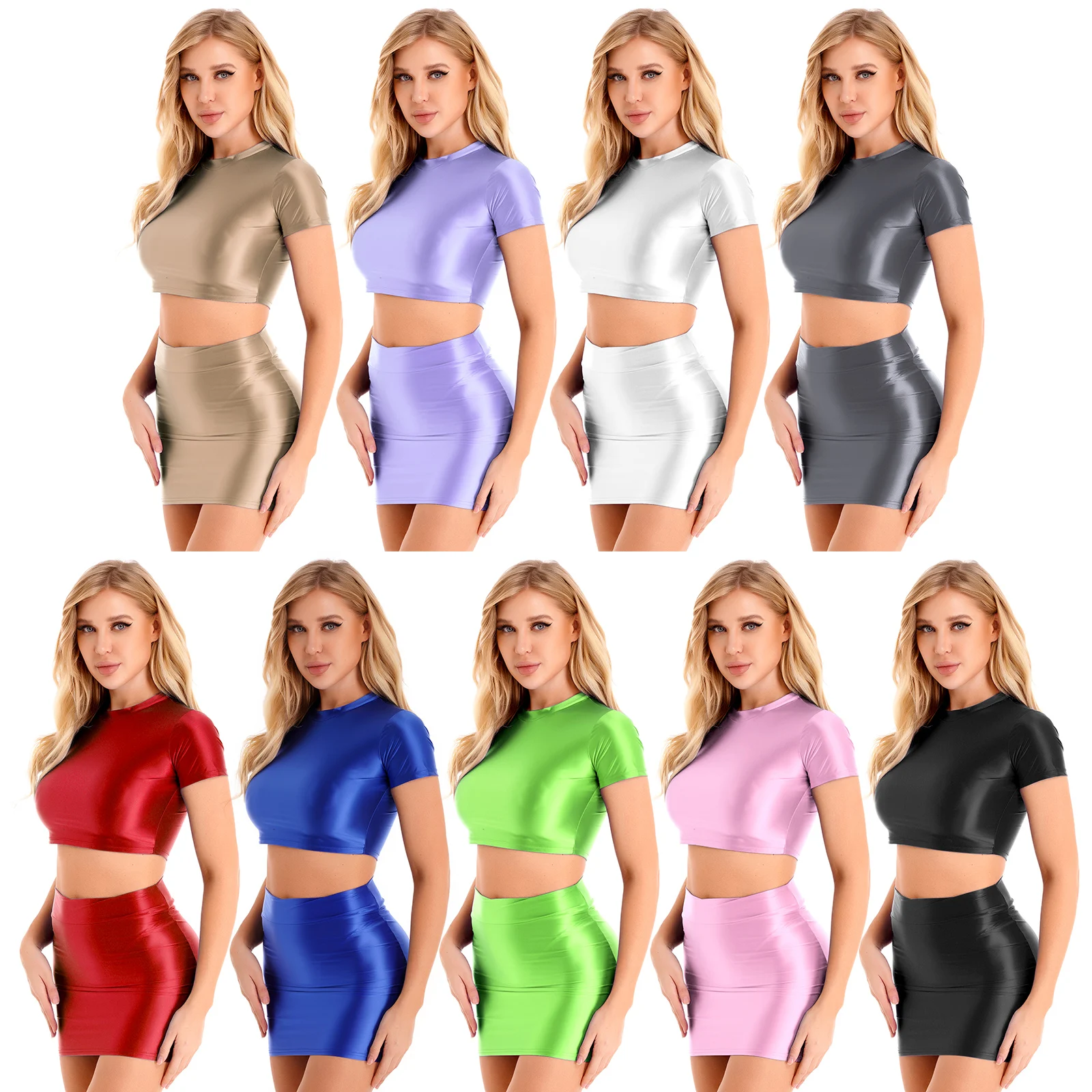 Womens Fashion Solid Color Smooth Round Neck Short Sleeve Sports Club Party Crop Top High Waist Mini Skirt Lingerie Set