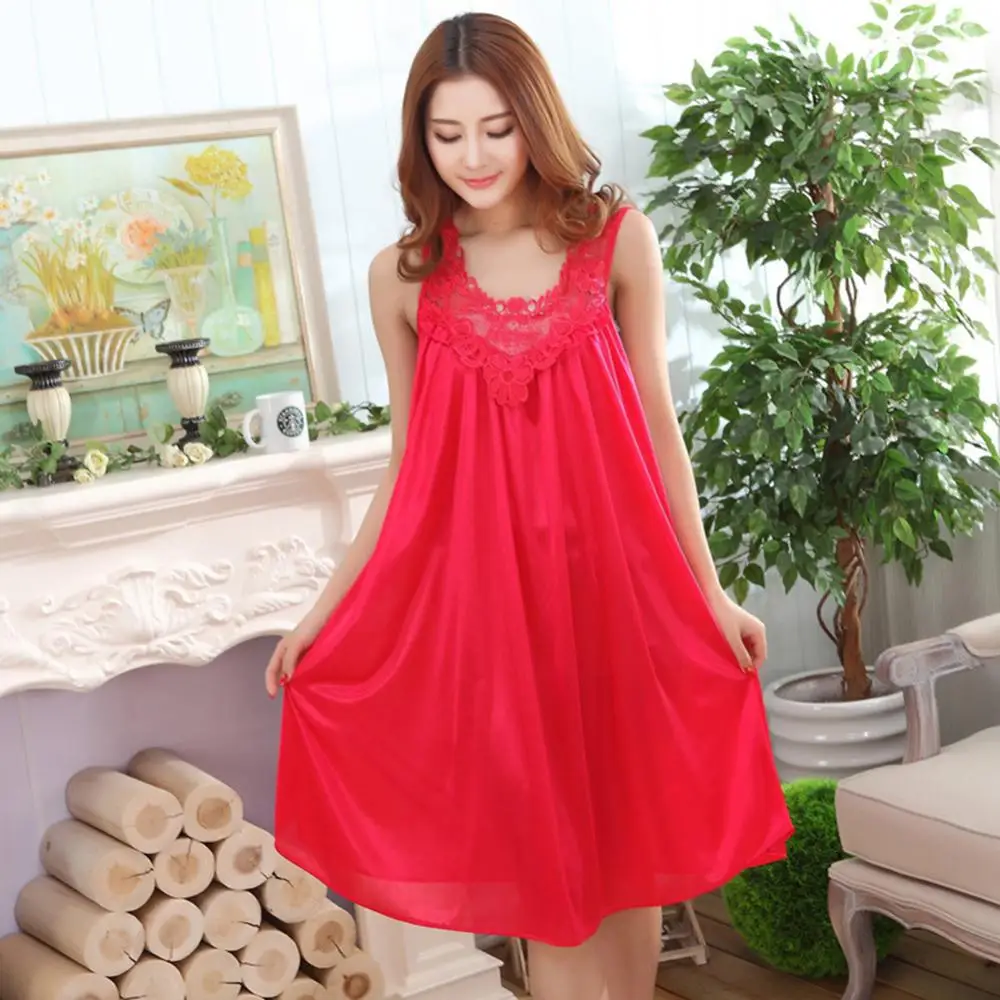 Summer Women\'s Pajamas Women Solid Color Floral Brim Sleeveless Nightdress Oversized Knee-length Night Gown Sleepwear Lingerie