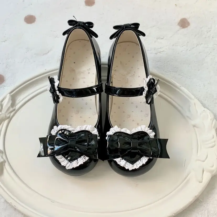 Lolita Kawaii Mary Janes Shoes Women Japanese Style Bow Sweet Female Chic Heart-shaped Causal Round Toe Shoes Summer