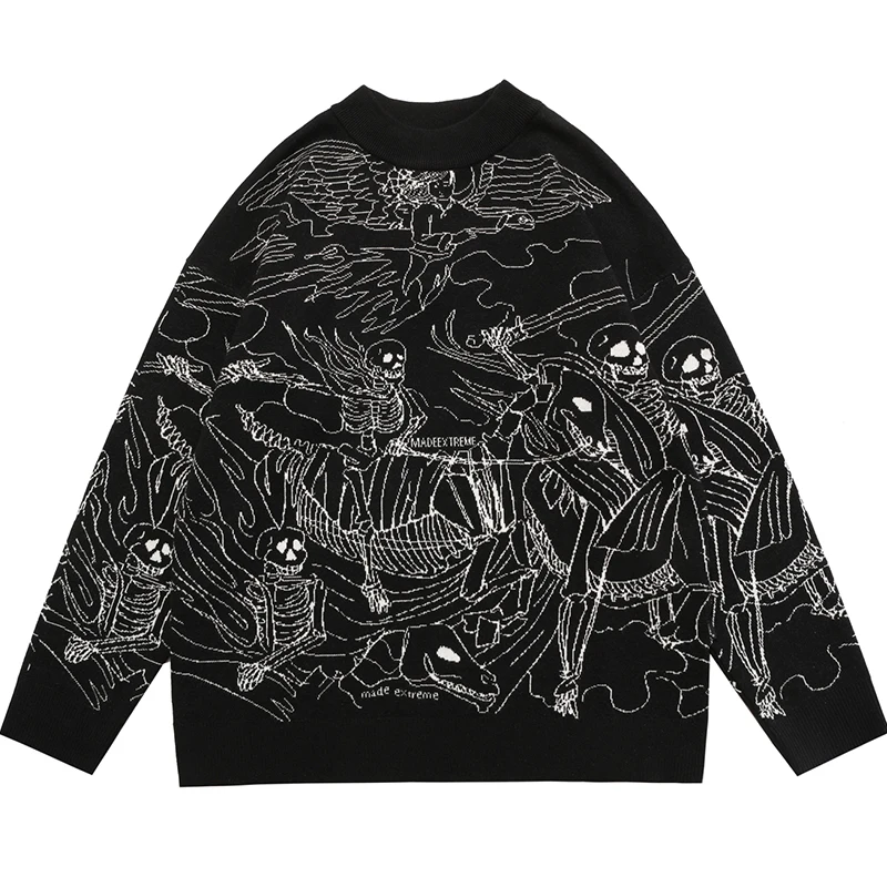 2024 Autumn/Winter Street Men's and Women's Retro Knitwear Harajuku Ukiyo-style Gothic Skull Graffiti Hoodie Sweater