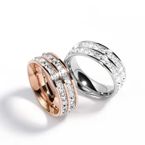 Stainless Steel Double Row CZ Eternity Ring Wedding Band for Women Men Size 3-10