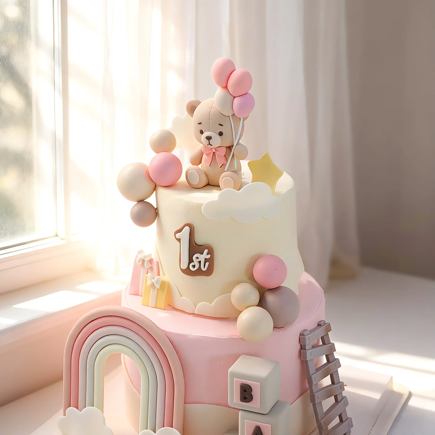 Bären-Kuchendekoration Babybär mit Ballon-Wolke Kuchenaufsatz Rosa Schleife Bär Regenbogen Kuchendeko für Geburtstag Babyparty – Detail 4