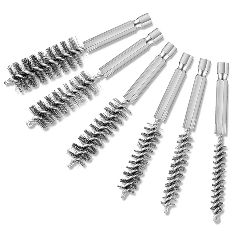 6Pcs Stainless Steel Bore Brush Set Twisted Wire Stainless Steel Cleaning Brush 1/4Inch Hex Shank for Power Drill Impact Driver