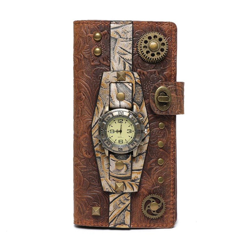 Damesportemonnee Toplaag Koeienhuid Portemonnee met Horloge Gothic Anime Steampunk Kaart Echt Leer Retro Handtassen Tas Portemonnee voor Heren