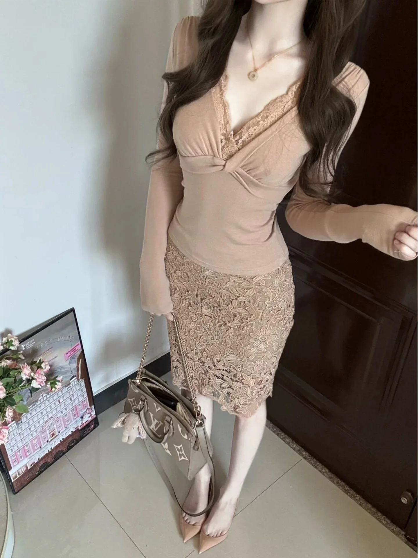 

Spring Faion Set Women's Skirt And Top Long Sve V-Ne High Waist Slim Fit Two-Piece Outfit for Casual Ocns