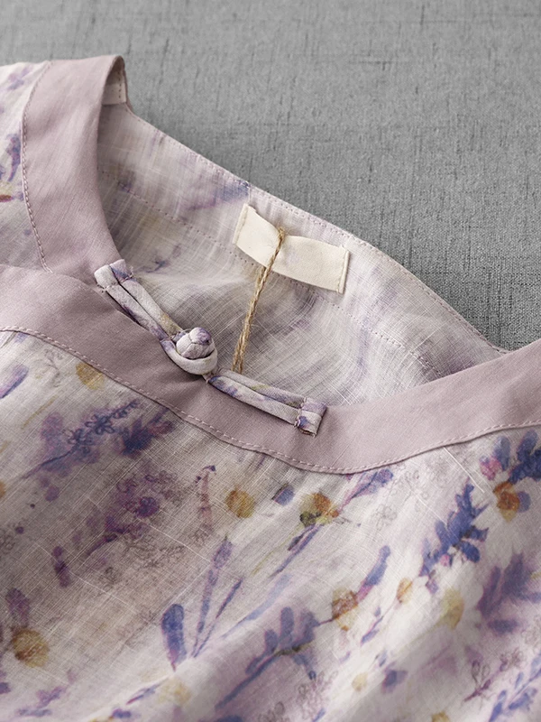 Artistique Lav imprimé coton lin Midi Dr grande taille femmes t-shirt quart Sve bouton Plaet col montant Dr