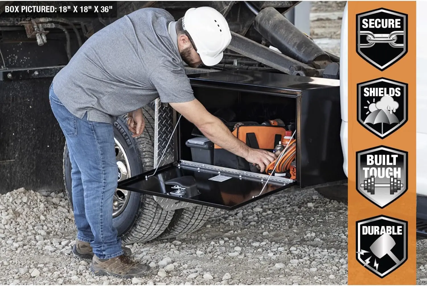 Buyers Products 1702310 Scatola per camion sottoscocca in acciaio nero con chiusura a T, 18 x 18 x 48 pollici, cassetta degli attrezzi per appaltatori con durevole