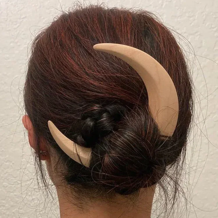 Wooden Moon Handmade Hair Stick Hairpin Hair Fork Clip Comb Ladies Crescent-shaped Personality Thick Hair Clip Styling Tool