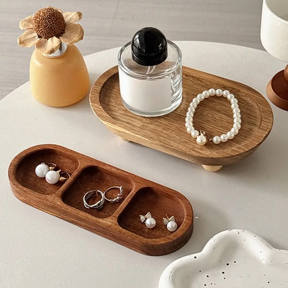 

Brown Jewellery Display Trays Round Oval Desktop Ornament Wood Pedestal Stand Perfume Organizier Wood Candle Storage Rack