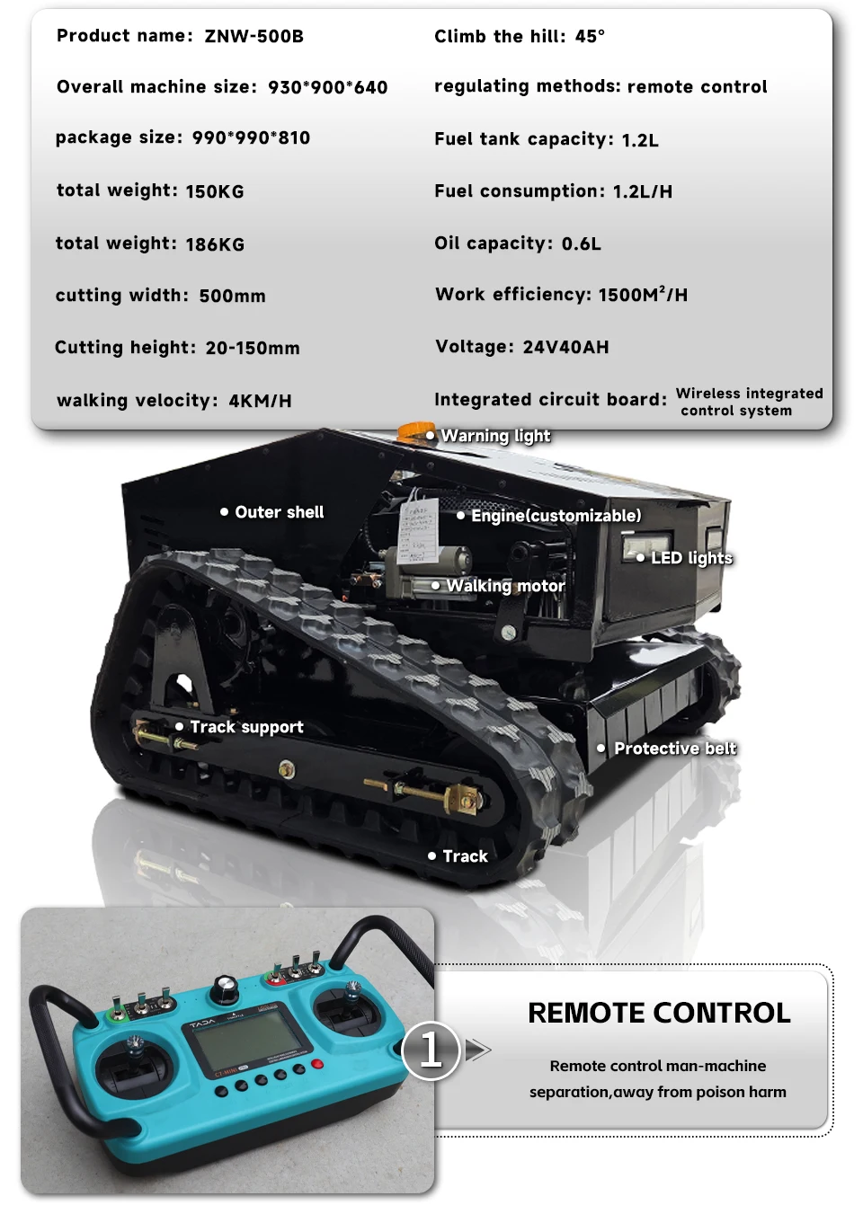 Mesin pemotong rumput kendali jarak jauh mendukung penyangga kustom, pengangkat pisau 20-150mm, lebar pemotongan 500mm