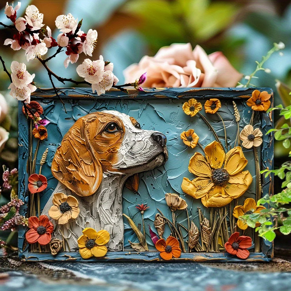 Beagle Dog Embossed Metal Sign Wall Art - Decor for Bedroom, Living Room, Bathroom-Vintage Floral & Pet Design, Unique Gift Idea