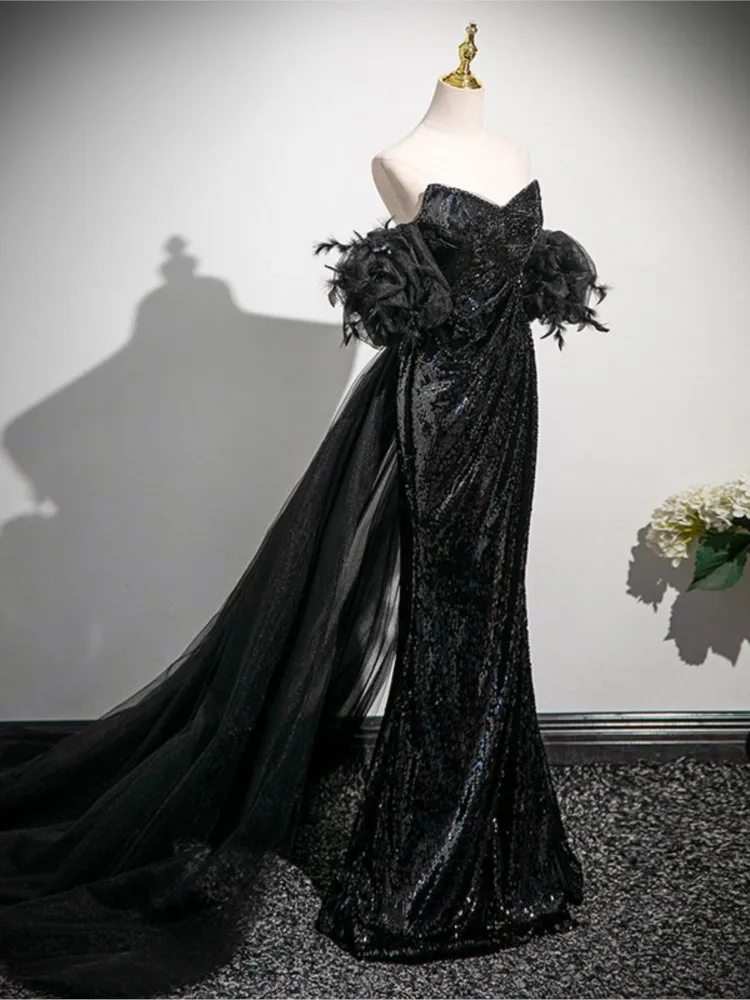 Strapless light luxury niche birthday coming-of-age gift art examination banquet elegant black sequined fish tail