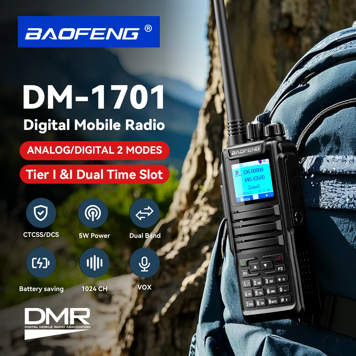 Baofeng DMR DM-1701 Digitales DM1701-Walkie-Talkie DM1701, Dual-Modus, analoges Zwei-Wege-Radio, offenes GD77 Dual Time Slot Tier-Amateurfunk