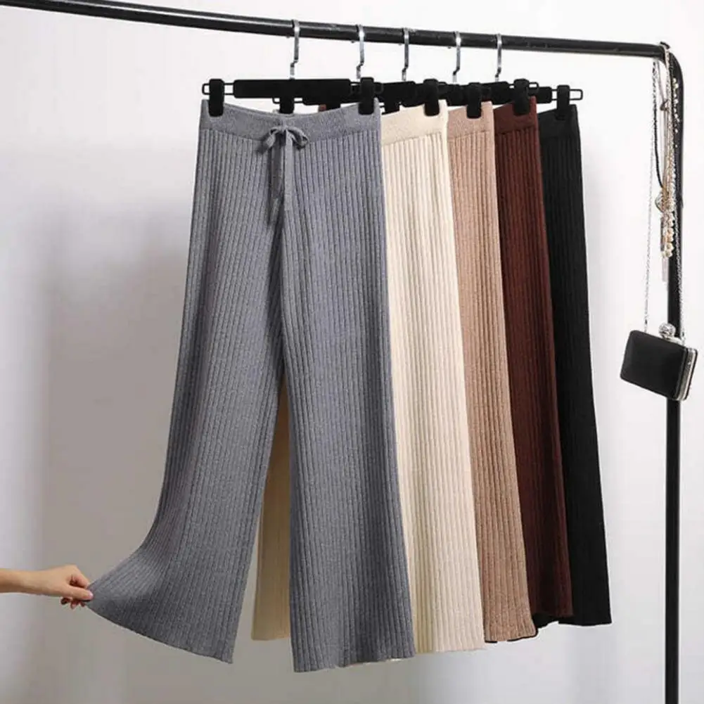 

Women Autumn Winter High Waist Drape Pants Drawstring Ribbed Straight Trousers Wide Leg Solid Color Baggy Pants Streetwear