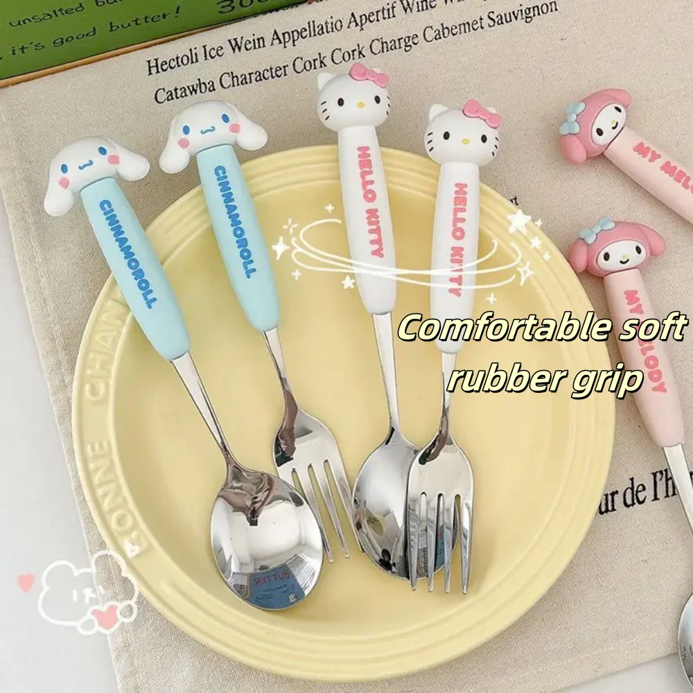 2 unids/set Sanrio vajilla Linda melodía de dibujos animados Cinnamoroll estudiantes cuchara de acero inoxidable tenedores conjunto de dos piezas suministros de cocina