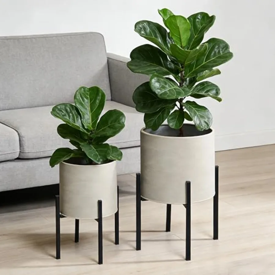 Modern Plant Pots, Set of 2 Large Metal Planters with Stand for Living Room, Office, Garden or Balcony, Grey, with Drainage Hol