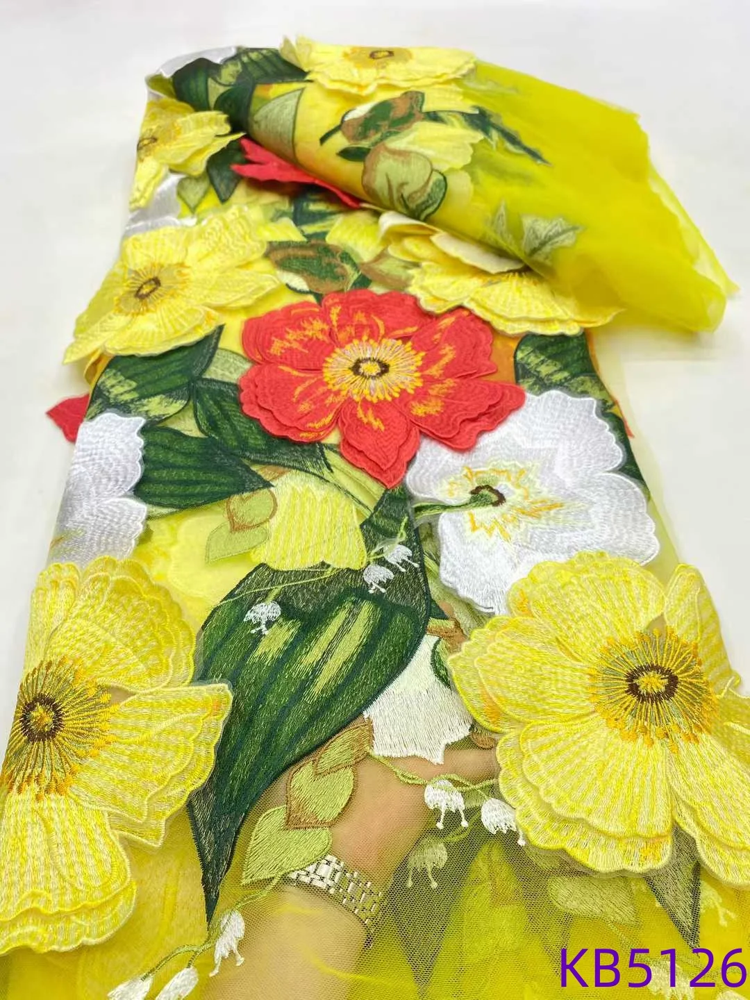 Tela de encaje de flores 3D de 5 yardas, tela africana de encaje de alta calidad, malla francesa con cuentas 2025, lentejuelas de encaje para coser KB5126