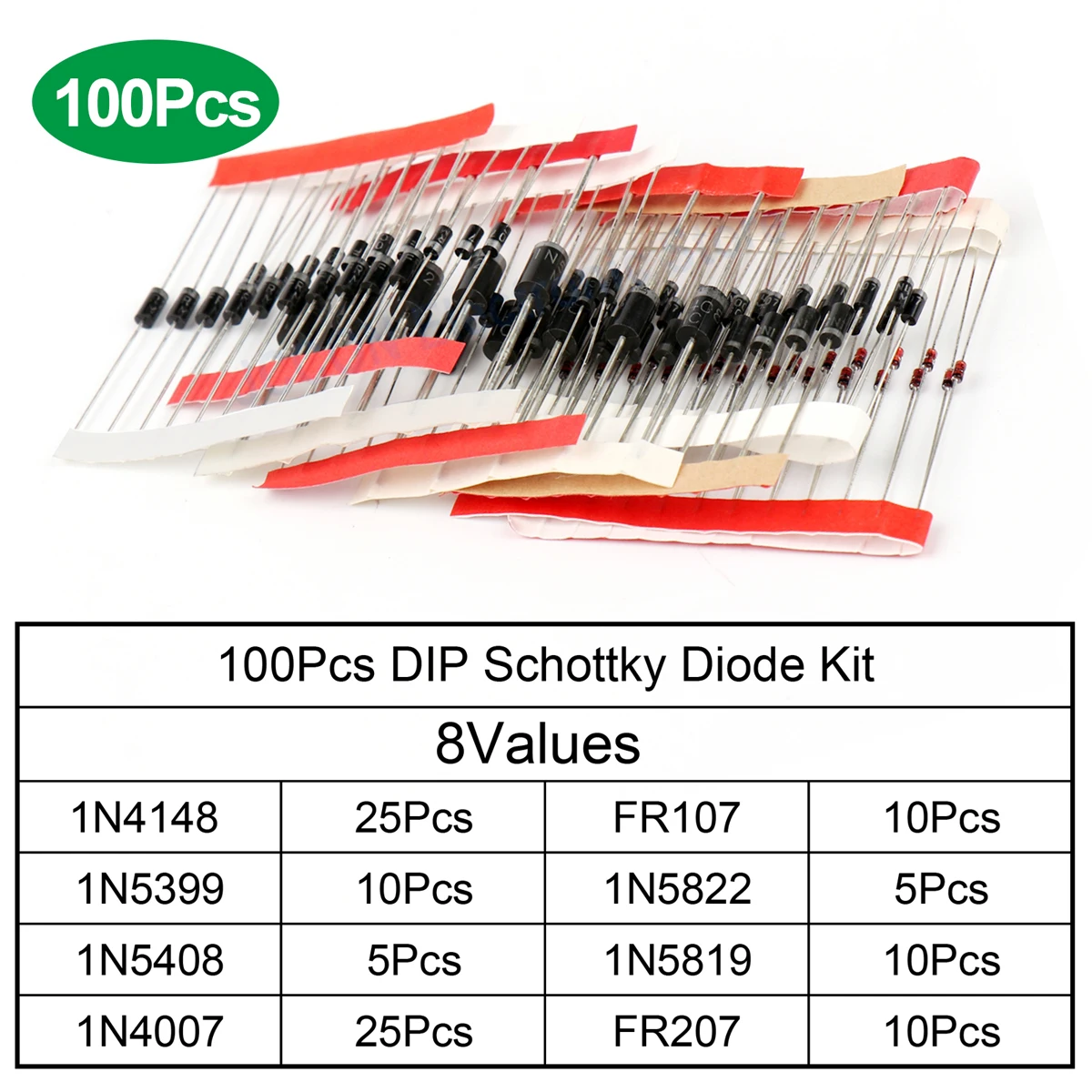 100Pcs 8 Values Schottky Diode Rectifier Diodes Kit 1N4148 1N4007 1N5819 1N5399 1N5408 1N5822 FR107 FR207 Fast Switching Diode