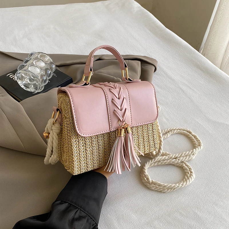 Strand Stroh Umhängetasche für Frauen neue Designer Boho Sommer tasche Pu Leder Handtasche und Geldbörse Reise Umhängetasche – Detail 11