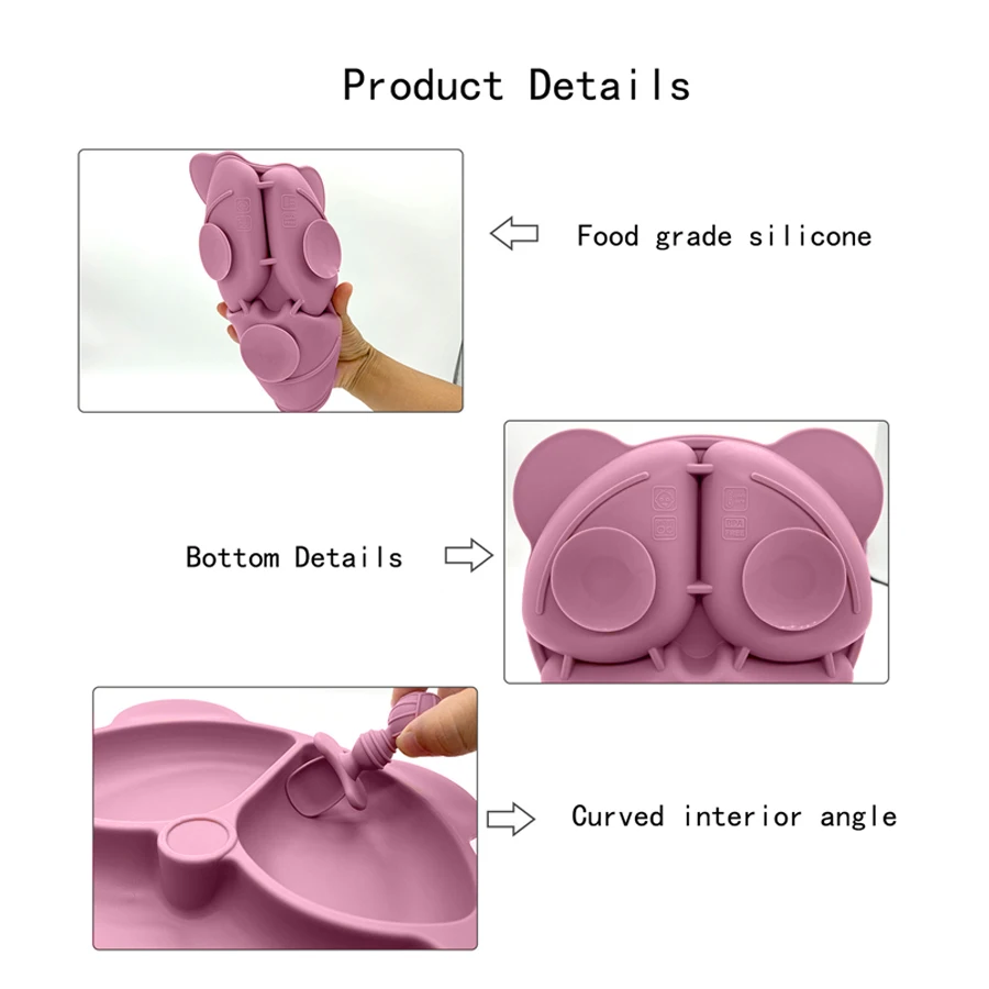 Children's Bear Suit Silicone Tableware Set with Suction Plate Divided Feeding Plate Spoon Fork Anti-Drop Anti-Tipping