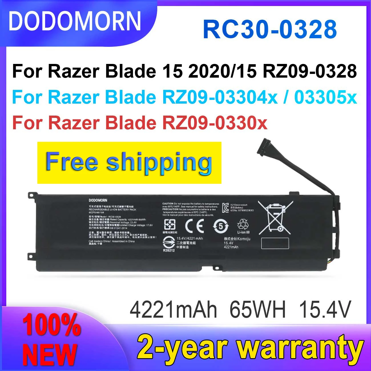 

Новый аккумулятор DODOMORN RC30-0328 для Razer Blade 15 BASE 2018 2019 2020 2021 года RZ09-0270 RZ09-03009 RZ09-0369 Быстрая доставка