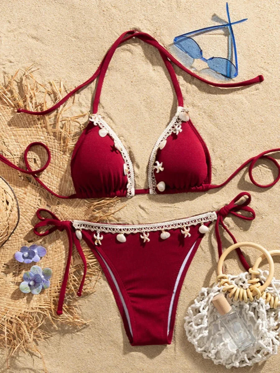 2025 New Solid Color 2 Piece Shell Swimsuit Women's Sexy Lace-up Triangle Halter Backless Swimwear Beach Vacation Bathing Suit