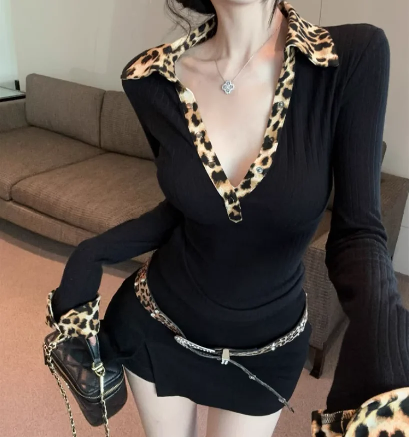 

Осенний воротник-поло с леопардовым принтом, пикантная девушка, сексуальный вязаный женский свитер