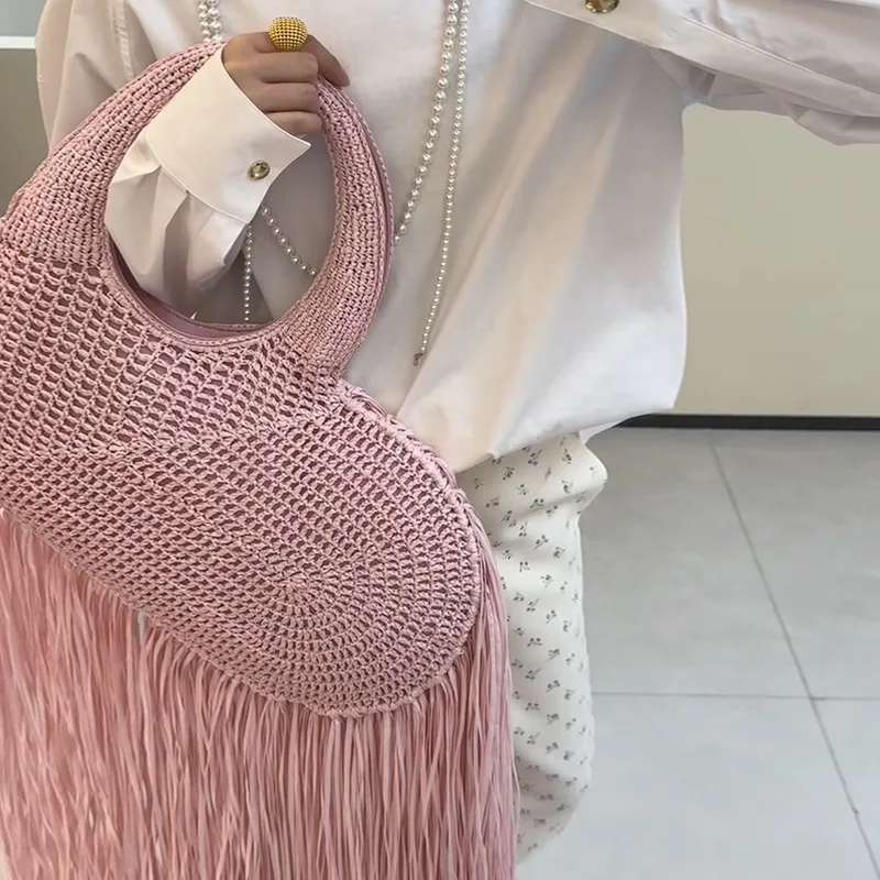 Fashion Straw Woven Shoulder Messenger Bags Women\'s love Designer Luxury Crossbody Bag Summer Beach Female Tassel Handbag