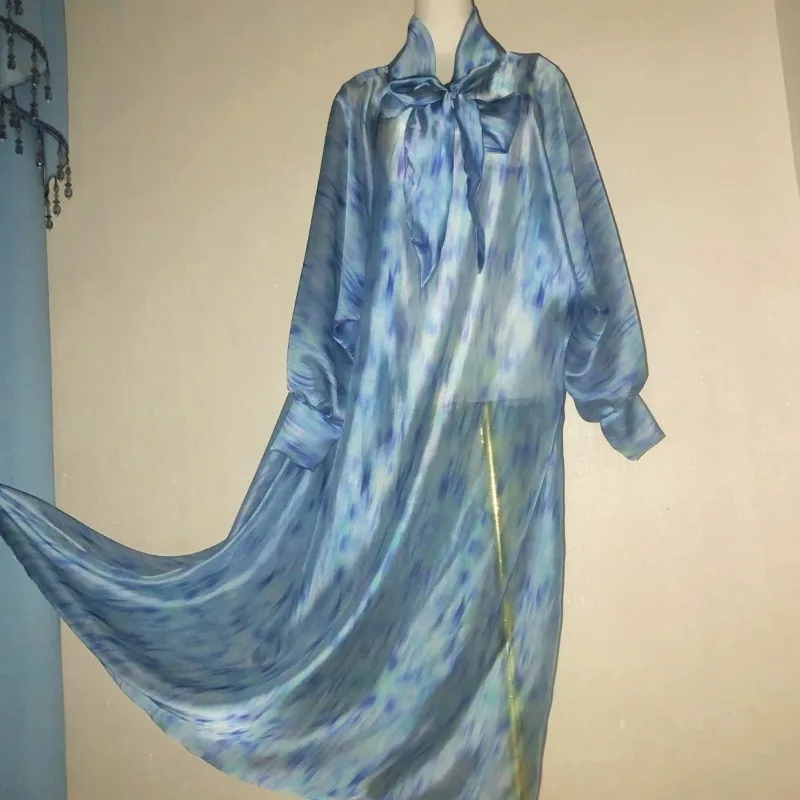New See-through Sexy Thin Satin Robe Nightgown Silky Soft Print Long Dress Tie-front Gown Skirt  Homewear