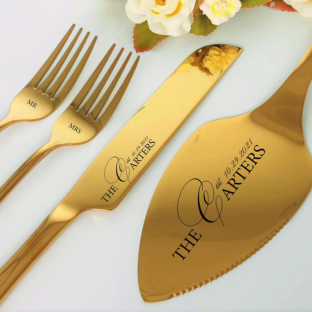 Imagem -04 - Conjunto de Corte de Bolo Gravado para Casamento Faca e Garfos de Servidor Cortador de Bolo Presente de Casamento Gold Serving Set