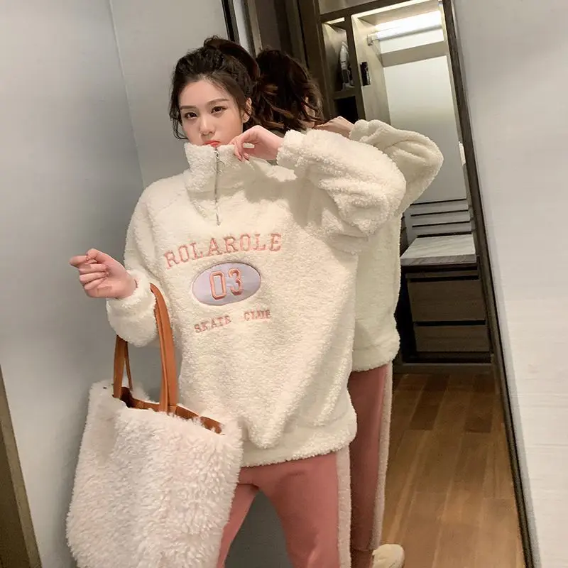 Women\'s Lamb Hair Thickened Sweatshirts 2023 Autumn/Winter New Fashion Sweet Loose Korean Embroidered Plush Lazy Top Trend