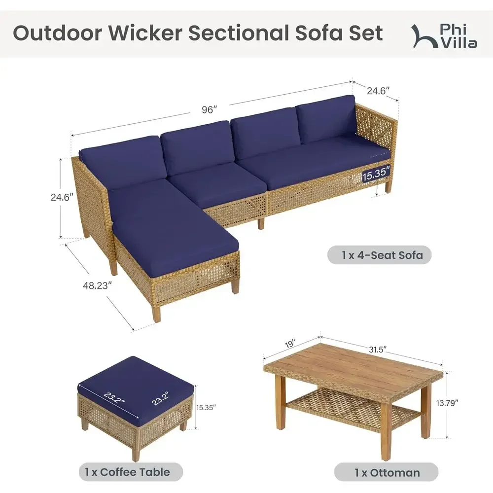 Wicker Patio urniture Set, Outdoor Sectional Couch with Cushions and Acacia Wood Coee Table, U-Shaped Patio Contion Set or Deck