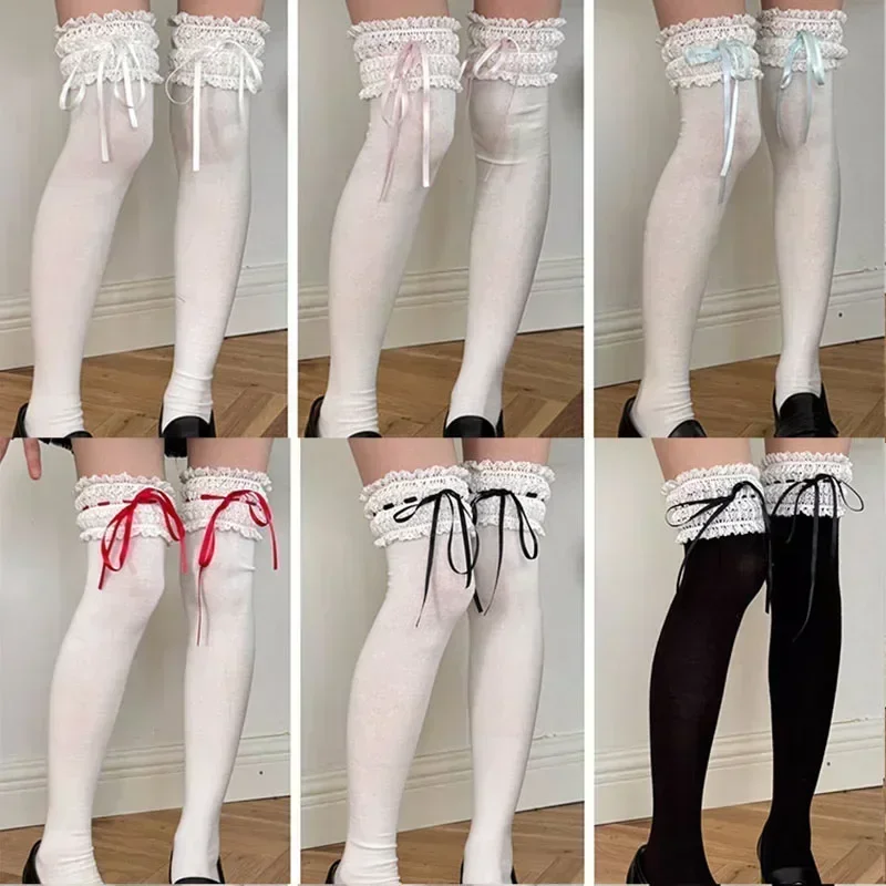 Lolita Over Knee-high Socks Cotton Sweet Lace Bow Ribbon Kawaii Calf-length Socks Thigh-high Stockings JK Cosplay Accessories