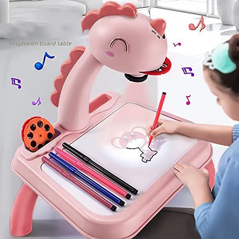 Tavolo per proiettore da disegno per bambini Disegna proiettore giocattolo con luce e musica Set di pittura per proiezione per bambini Regalo rosa