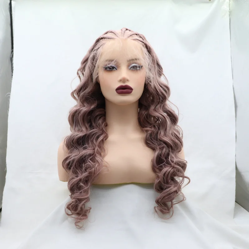 Hand-crocheted front lace new style small curly dirty pink braided wig with matte high-temperature fiber