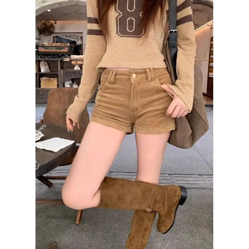 Outono e inverno novo retro cáqui veludo de cintura alta shorts retos spice girl calças quentes em forma de a