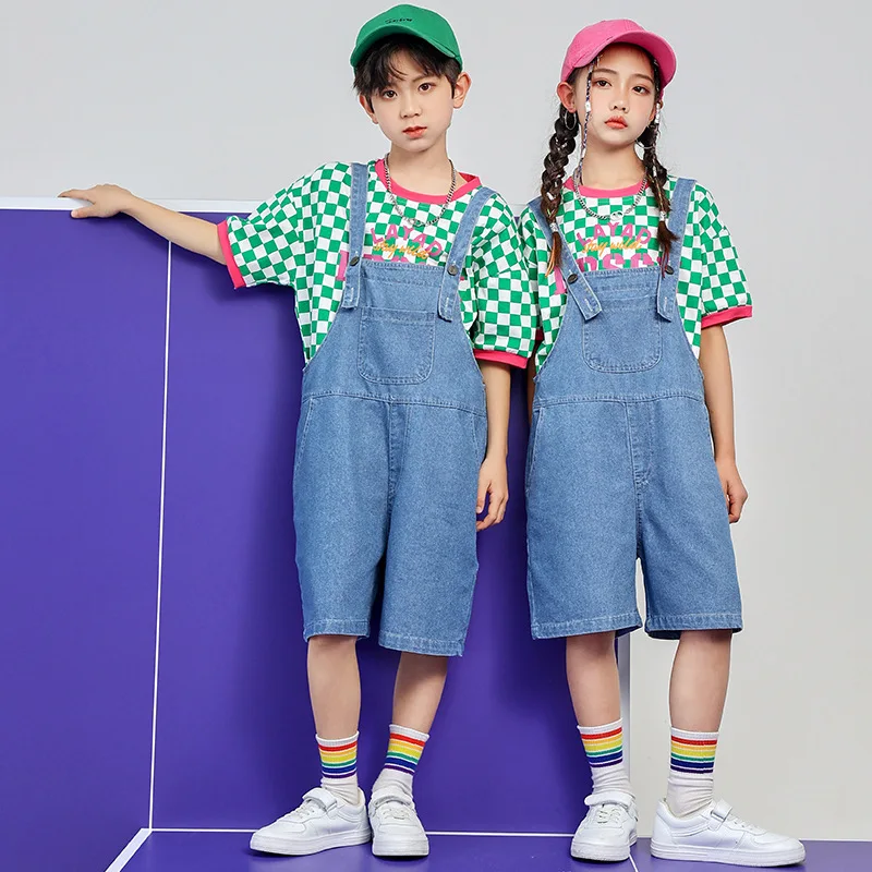 Kids Hip Hop Dance Clothes Plaid T-Shirt Loose Denim Overall Summer Street Dancewear Boy Girl Jazz Practice Performance Costumes