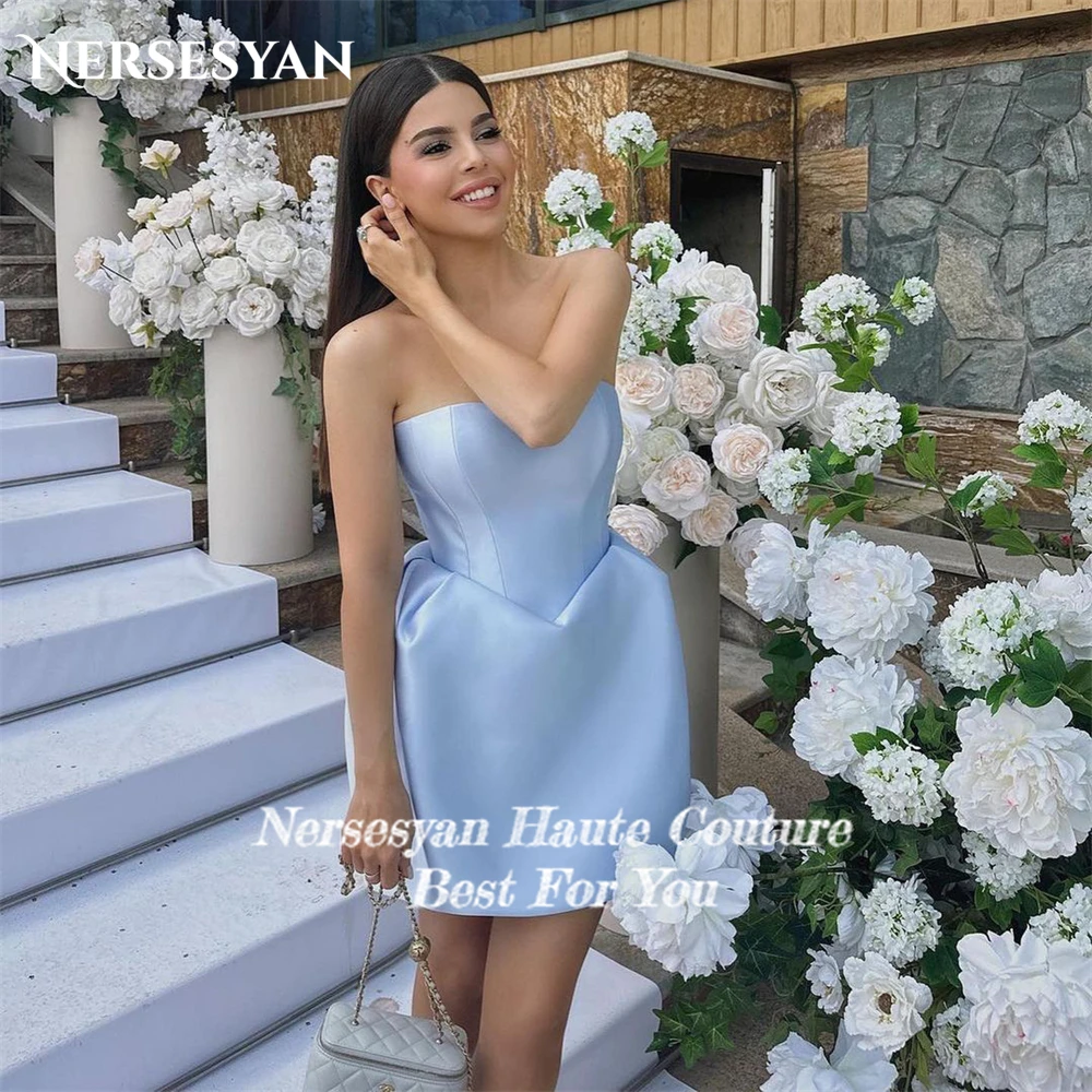 Nersesyan Sky Blue Sweetheart Evening Dresses Mini Off Shoulder Sleeveless Backless A-Line Prom Dress Solid Sexy Party Gowns