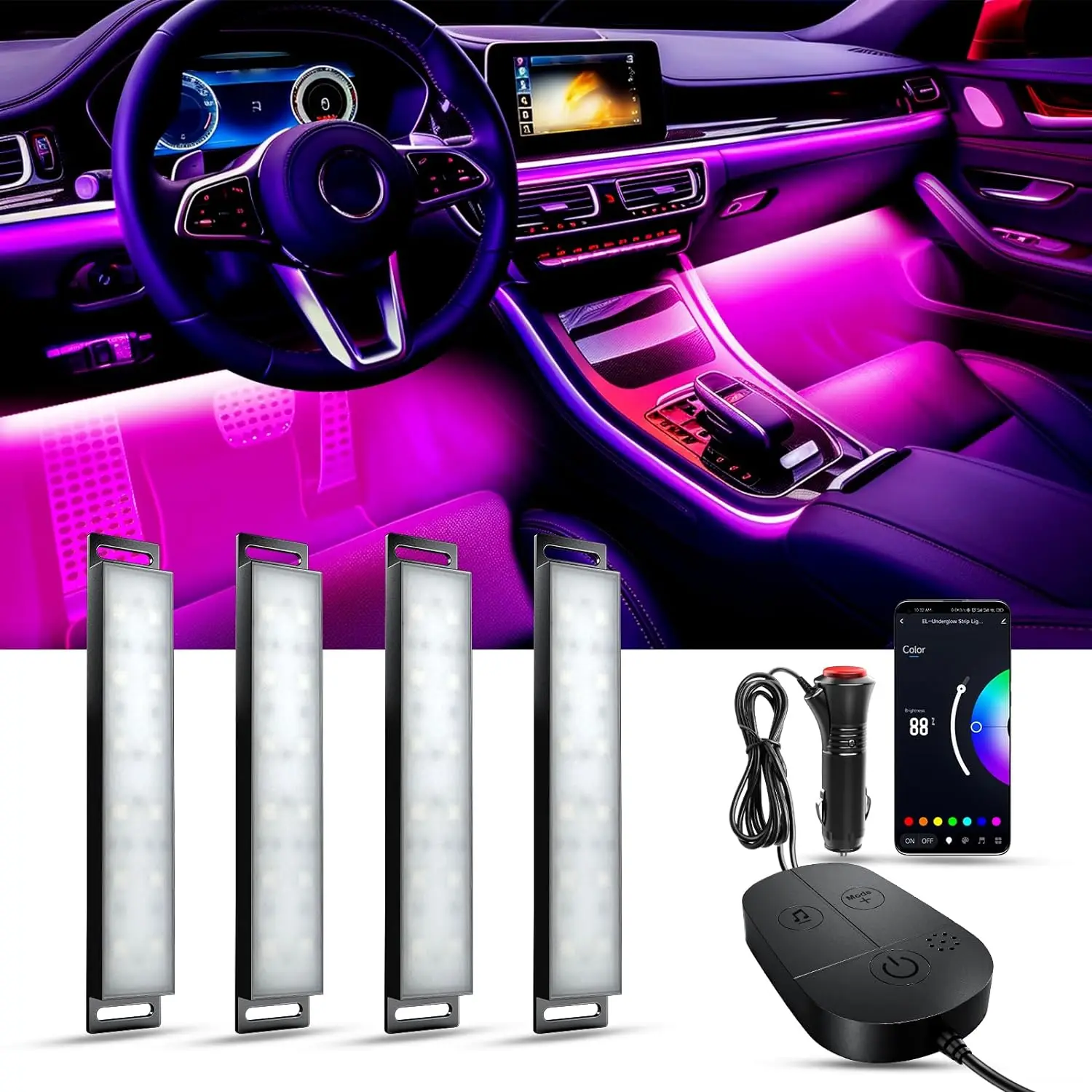 RGB Car Interior Lâmpada Atmosfera, Bluetooth APP, 3 Key Controle Remoto, Luz Música Ambiente, Adequado para Decoração Interior do Carro