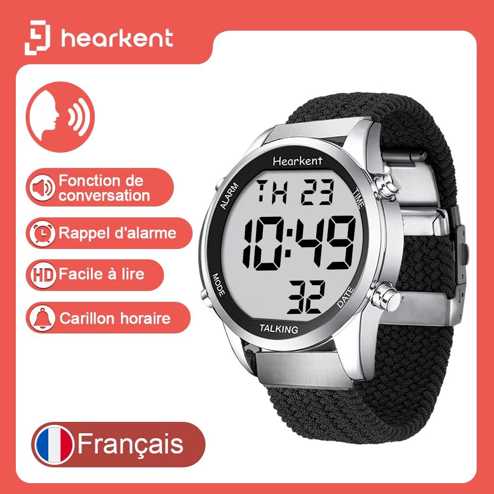 Hearkent French Talking Watch for Blind People with Alarm Speak Watch Clock Elderly Digital Wrist Watches for Visually Impaired