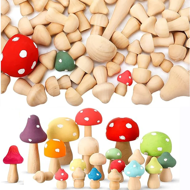 2/5/10Pcs Unfinished Wooden Mushroom Natural Wooden Mushroom Unpainted Wood Mushroom DIY Unfinished Wooden Toys for Art Graffiti
