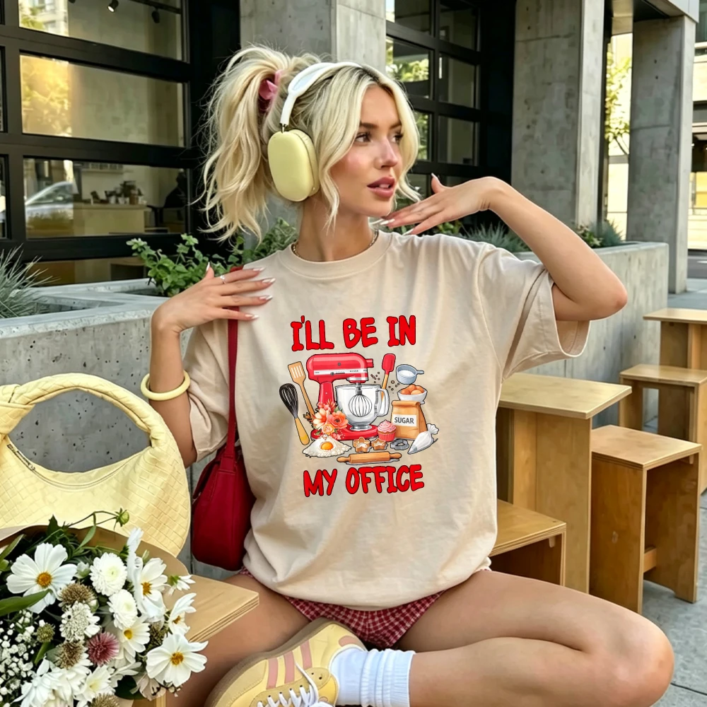 Women I'll Be in My Office Baking Tools Mixer Graphic T Shirt Funny Baker Slogan Crew Neck  Loose Casual Baking Lover Gift Tees