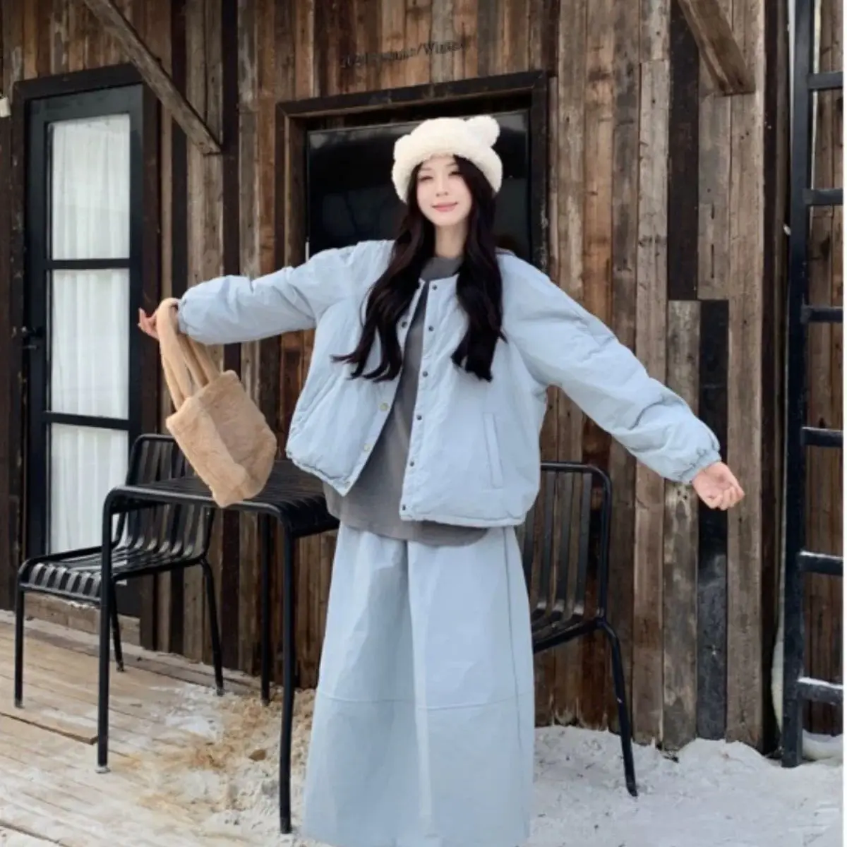 

Korea Two-Piece Loose Hooded Sweatshirt Jacket High Waist A-Line Skirt Women New Winter Design Niche Suit