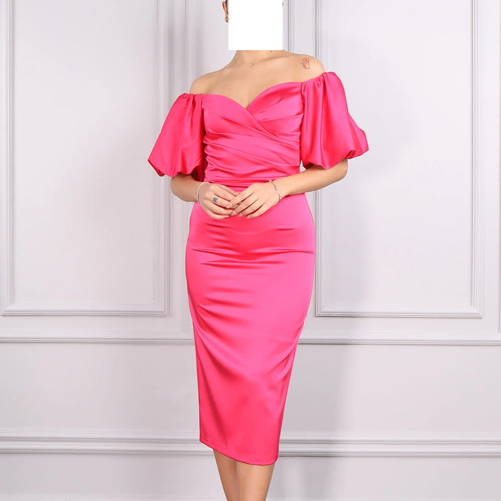 

Elegant Party Evening Dresses Woman Satin puff sleeve Off the Shoulder Solid Color Zipper Back Back Silt Bespoke Occasion Gowns