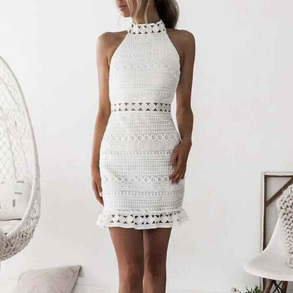 

Women Mini Dress Casual Lace Patchwork Sleeveless Solid Color Off Shoulder Cocktail Party Polyester Elegant Fit Waist Dresses