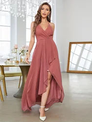 Mgiacy Ruffle Hem V-neck Halter Bridesmaid Dress, Elegant Backless Dress For Wedding Party, Women's Clothing